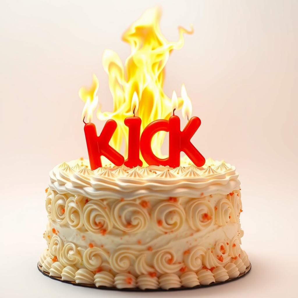 An extravagant birthday cake covered in flaming white cream, featuring an abundant display of vibrant, swirling flames at the top