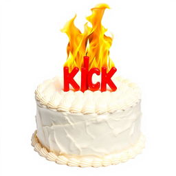 An extravagant birthday cake covered in flaming white cream, featuring an abundant display of vibrant, swirling flames at the top