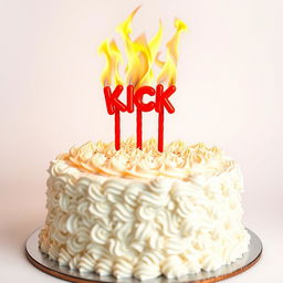 An extravagant birthday cake covered in flaming white cream, featuring an abundant display of vibrant, swirling flames at the top