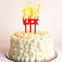 An extravagant birthday cake covered in flaming white cream, featuring an abundant display of vibrant, swirling flames at the top