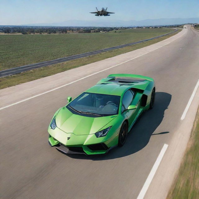 An F-22 Raptor cutting through the clear sky above while a sleek green Lamborghini races on an open stretch of highway beneath.