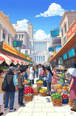 An insightful illustration depicting various aspects of an economy, including bustling marketplaces filled with diverse vendors selling fresh produce, handmade goods, and local crafts