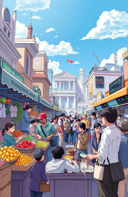 An insightful illustration depicting various aspects of an economy, including bustling marketplaces filled with diverse vendors selling fresh produce, handmade goods, and local crafts