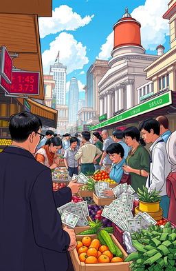 An insightful illustration depicting various aspects of an economy, including bustling marketplaces filled with diverse vendors selling fresh produce, handmade goods, and local crafts