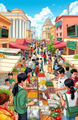 An insightful illustration depicting various aspects of an economy, including bustling marketplaces filled with diverse vendors selling fresh produce, handmade goods, and local crafts