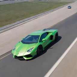 An F-22 Raptor cutting through the clear sky above while a sleek green Lamborghini races on an open stretch of highway beneath.