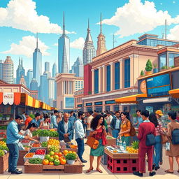 A detailed illustration capturing the essence of an economy, featuring a vibrant scene of a city skyline bustling with activity