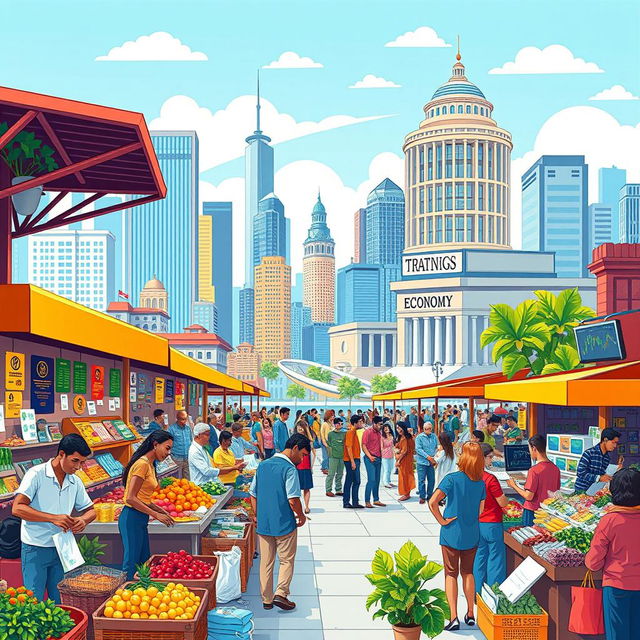 A detailed illustration capturing the essence of an economy, featuring a vibrant scene of a city skyline bustling with activity