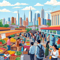 A detailed illustration capturing the essence of an economy, featuring a vibrant scene of a city skyline bustling with activity