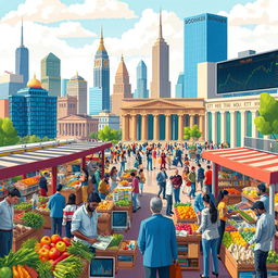 A detailed illustration capturing the essence of an economy, featuring a vibrant scene of a city skyline bustling with activity