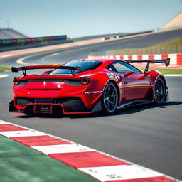 A Ferrari 458 featuring a stunning body kit with wide, aggressive fenders, a sporty front bumper, and a sleek rear wing to enhance its aerodynamic performance