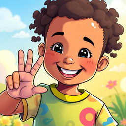 An illustration of a child cheerfully making the 'Oi' sign in Brazilian Sign Language (LIBRAS)