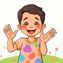 An illustration of a child cheerfully making the 'Oi' sign in Brazilian Sign Language (LIBRAS)