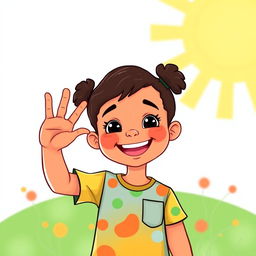 An illustration of a child cheerfully making the 'Oi' sign in Brazilian Sign Language (LIBRAS)