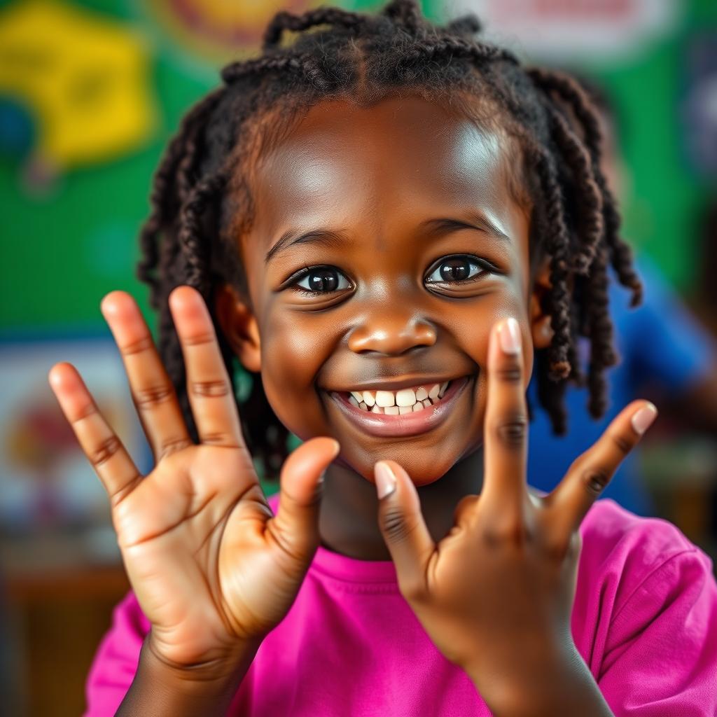 A heartwarming image of a real child who is deaf, joyfully making a sign in Brazilian Sign Language (LIBRAS)