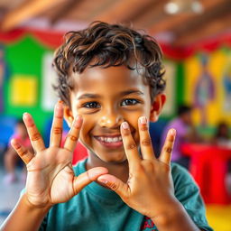 A heartwarming image of a real child who is deaf, joyfully making a sign in Brazilian Sign Language (LIBRAS)