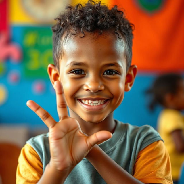 A heartwarming image of a real child who is deaf, joyfully making a sign in Brazilian Sign Language (LIBRAS)