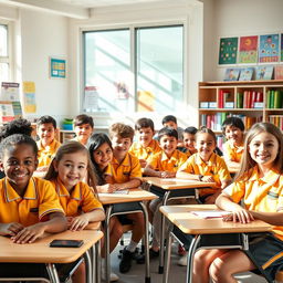 A group of diverse students wearing matching classroom uniforms, sitting at their desks in a bright, modern classroom