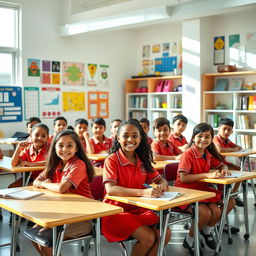 A group of diverse students wearing matching classroom uniforms, sitting at their desks in a bright, modern classroom