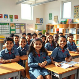 A group of diverse students wearing matching classroom uniforms, sitting at their desks in a bright, modern classroom