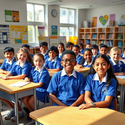 A group of diverse students wearing matching classroom uniforms, sitting at their desks in a bright, modern classroom