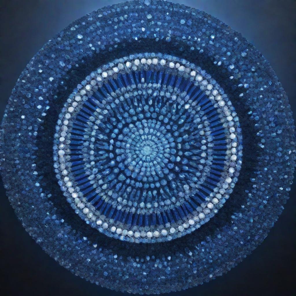 A mesmerizing mandala design made entirely of blue crystals, radiating light and energy.