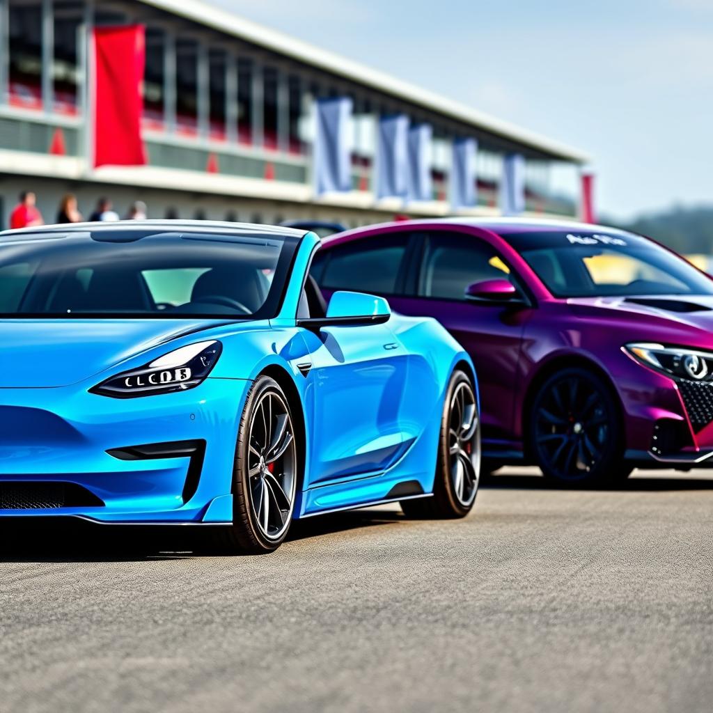 A Tesla Model Y with a stunning blue body kit, featuring sleek lines, upgraded bumpers, and sporty side skirts, parked alongside an Alfa Romeo Giulietta also sporting a custom body kit