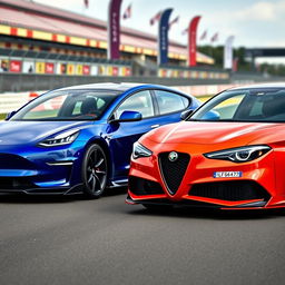 A Tesla Model Y with a stunning blue body kit, featuring sleek lines, upgraded bumpers, and sporty side skirts, parked alongside an Alfa Romeo Giulietta also sporting a custom body kit