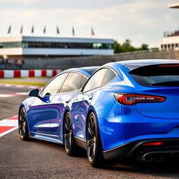 A Tesla Model Y with a stunning blue body kit, featuring sleek lines, upgraded bumpers, and sporty side skirts, parked alongside an Alfa Romeo Giulietta also sporting a custom body kit