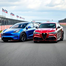 A Tesla Model Y with a stunning blue body kit, featuring sleek lines, upgraded bumpers, and sporty side skirts, parked alongside an Alfa Romeo Giulietta also sporting a custom body kit