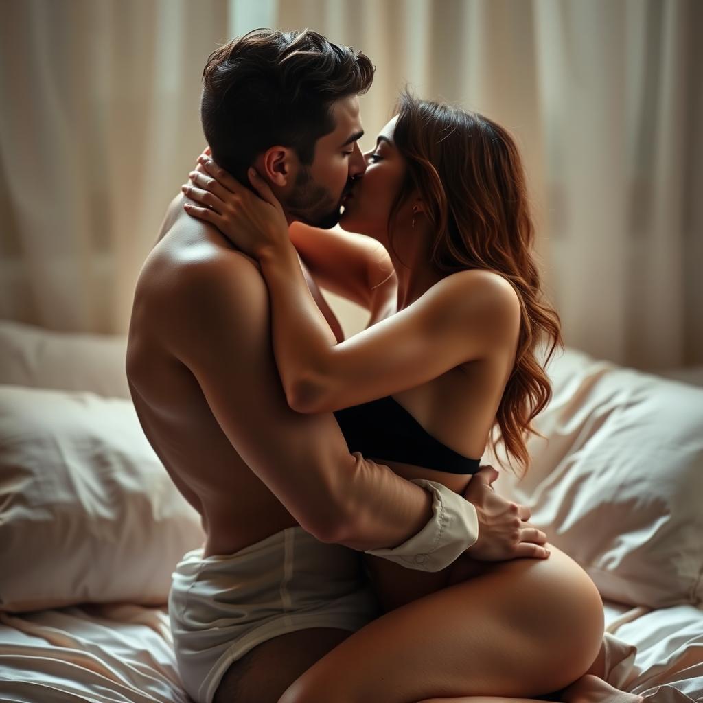 An intimate scene depicting a romantic couple sharing a passionate kiss, their bodies closely intertwined in a sensual embrace, soft lighting enhances the mood, creating an atmosphere of love and desire