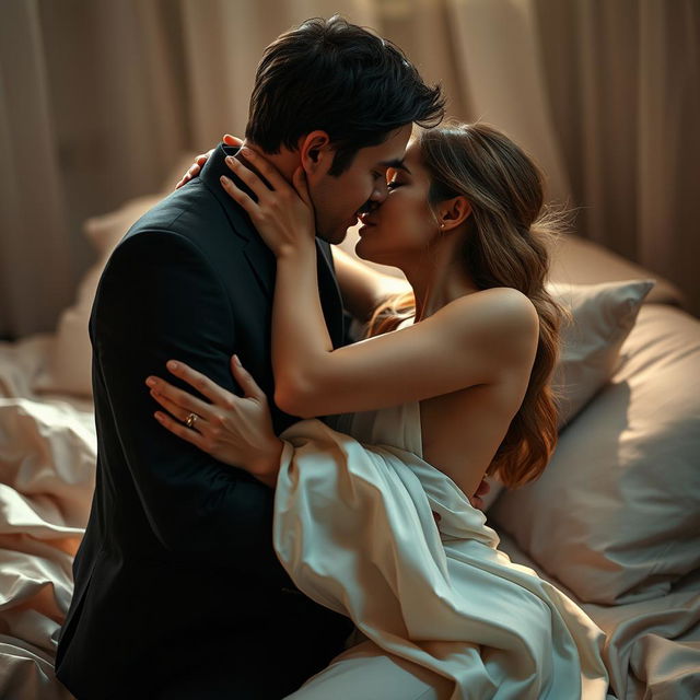 An intimate scene depicting a romantic couple sharing a passionate kiss, their bodies closely intertwined in a sensual embrace, soft lighting enhances the mood, creating an atmosphere of love and desire