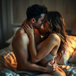 An intimate scene depicting a romantic couple sharing a passionate kiss, their bodies closely intertwined in a sensual embrace, soft lighting enhances the mood, creating an atmosphere of love and desire