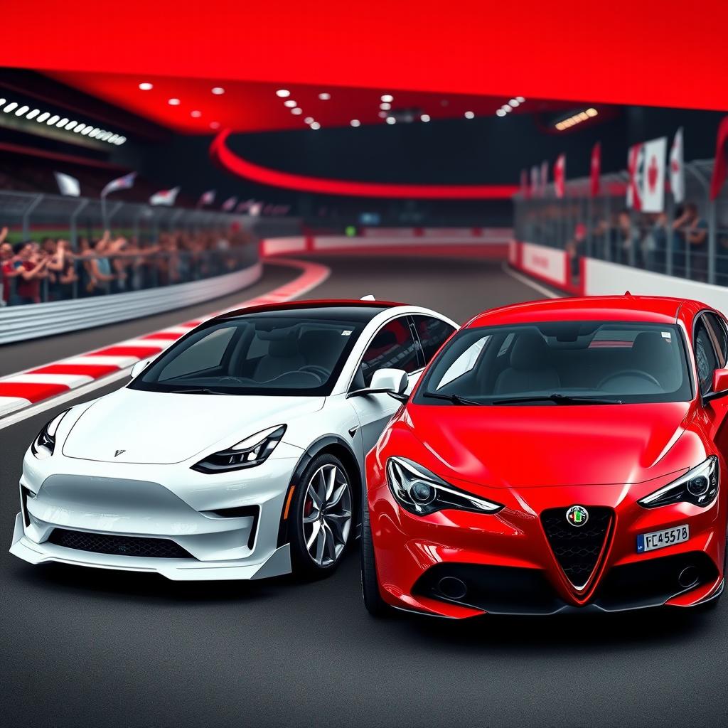 A Tesla Model Y with a striking white body kit, featuring enhanced aerodynamic shapes, a sleek front bumper, and sporty side skirts, positioned alongside a vibrant red Alfa Romeo Giulietta that also boasts a custom body kit