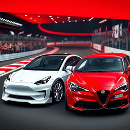 A Tesla Model Y with a striking white body kit, featuring enhanced aerodynamic shapes, a sleek front bumper, and sporty side skirts, positioned alongside a vibrant red Alfa Romeo Giulietta that also boasts a custom body kit