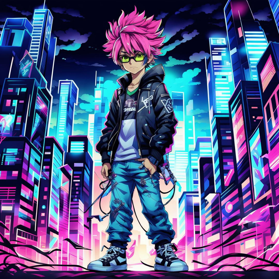 Anime-style boy in neon-lit cityscape, dressed in stylish outfit with PHP logo shirt, neon-accented leather jacket, ripped jeans and glowing sneakers. His hair is spiked and dyed in neon colors, eyes glowing with determination. Wears high-tech glasses reflecting codes.