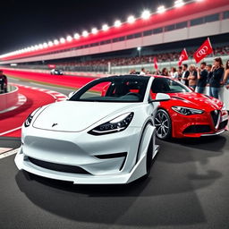 A Tesla Model Y with a striking white body kit, featuring enhanced aerodynamic shapes, a sleek front bumper, and sporty side skirts, positioned alongside a vibrant red Alfa Romeo Giulietta that also boasts a custom body kit