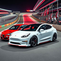 A Tesla Model Y with a striking white body kit, featuring enhanced aerodynamic shapes, a sleek front bumper, and sporty side skirts, positioned alongside a vibrant red Alfa Romeo Giulietta that also boasts a custom body kit