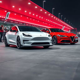 A Tesla Model Y with a striking white body kit, featuring enhanced aerodynamic shapes, a sleek front bumper, and sporty side skirts, positioned alongside a vibrant red Alfa Romeo Giulietta that also boasts a custom body kit