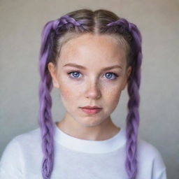 A beautiful girl with purple eyes and freckles. Her hair is white and styled in two braided pigtails.