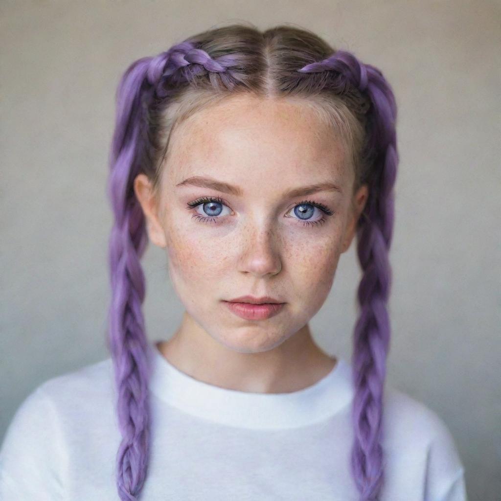 A beautiful girl with purple eyes and freckles. Her hair is white and styled in two braided pigtails.