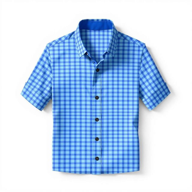 A fashionable design for a short-sleeve checkered blue shirt featuring small squares in varying shades of blue