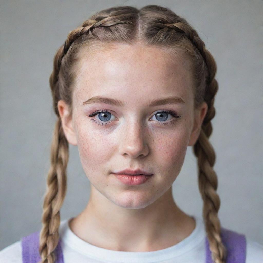 A beautiful girl with purple eyes and freckles. Her hair is white and styled in two braided pigtails.