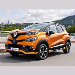 A Renault Captur equipped with a stylish and sporty body kit, featuring a customized front bumper with aggressive air intakes, side skirts for a more streamlined profile, and a rear spoiler that enhances its dynamic presence