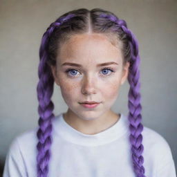 A beautiful girl with purple eyes and freckles. Her hair is white and styled in two braided pigtails.