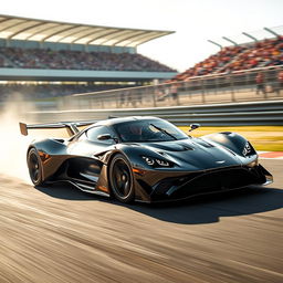 An Aston Martin Valkyrie, showcasing its stunning hypercar design, is captured on a dynamic racing circuit