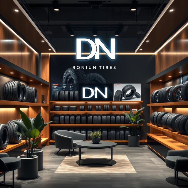 An elegant tire store design featuring the initials 'DN' elegantly integrated into the logo