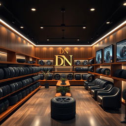 An elegant tire store design featuring the initials 'DN' elegantly integrated into the logo