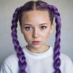 A beautiful girl with purple eyes and freckles. Her hair is white and styled in two braided pigtails.