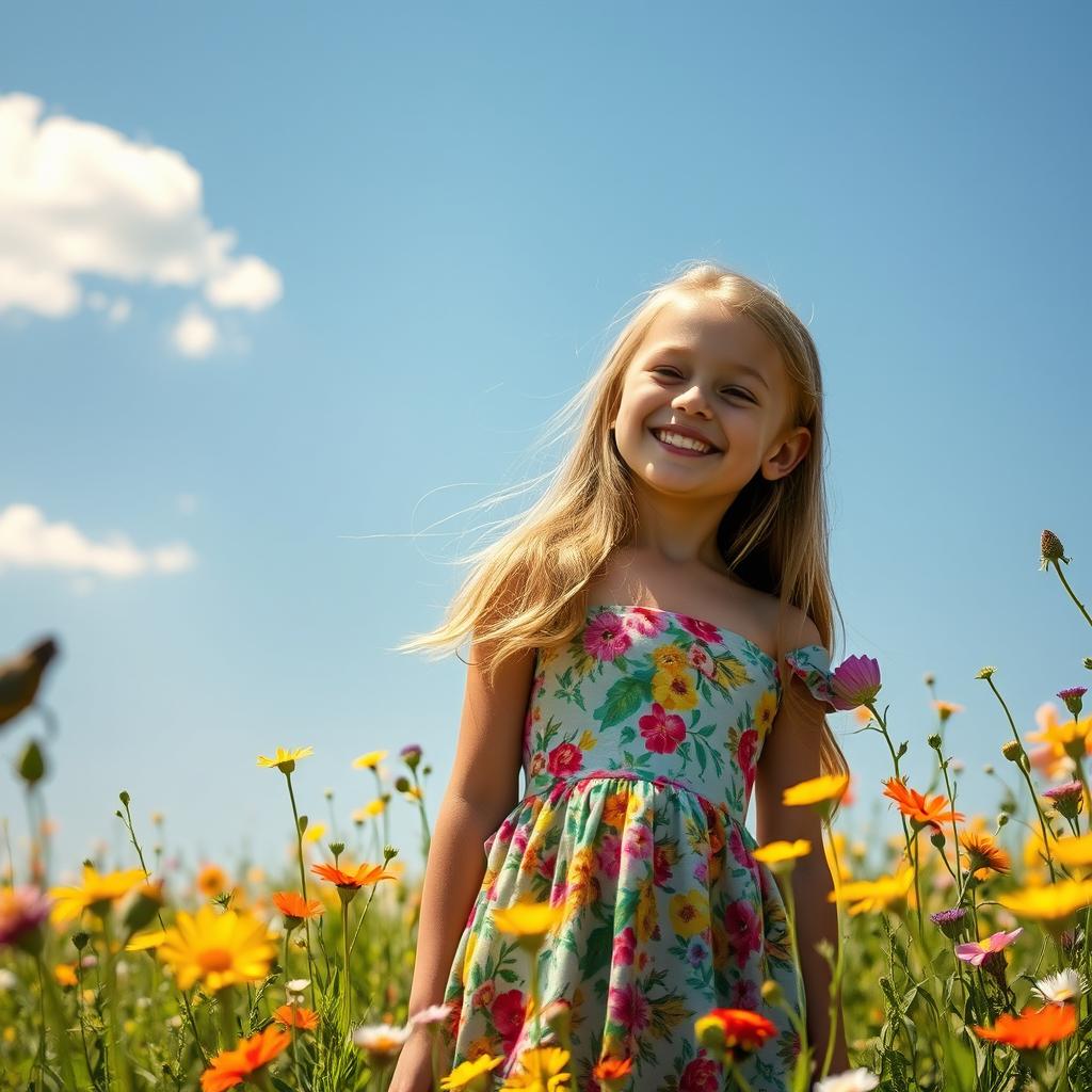 A beautiful girl with long flowing hair, wearing a vibrant floral dress, standing in a sunny meadow filled with wildflowers